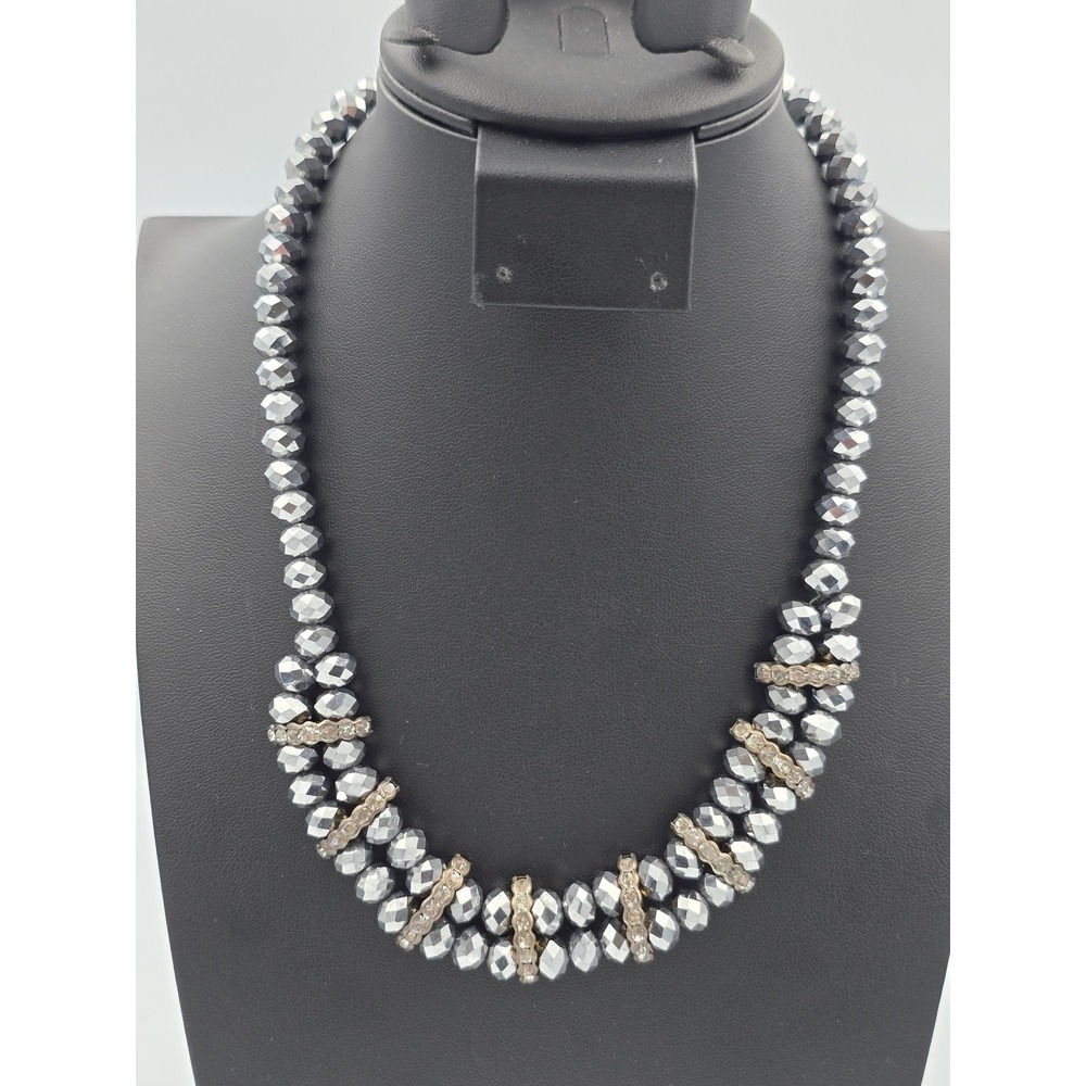 Vintage Metallic Silver Faceted Bead Double Row Choker Magnetic Clasp Necklace‎
